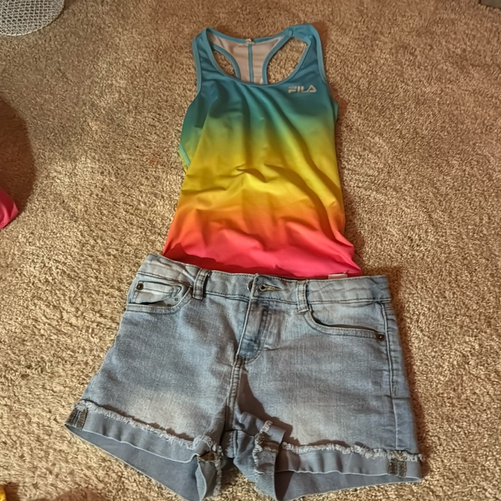 I am selling jean shorts that do not fit me and a neon rainbow shirt